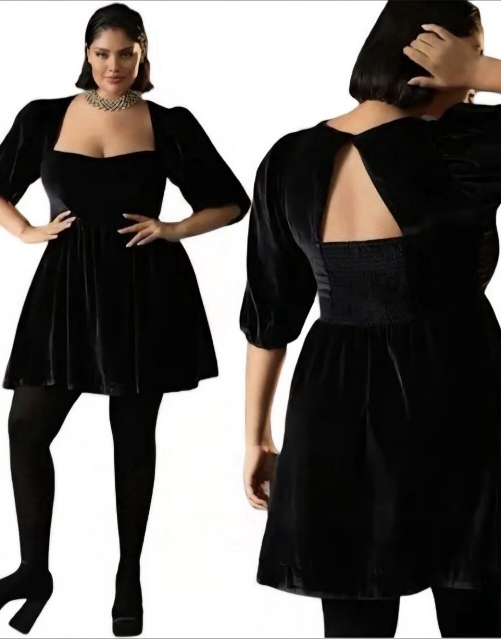 Anthropologie Maeve 2X Dress Black Velvet Puff Sleeve Sweetheart Mini Babydoll